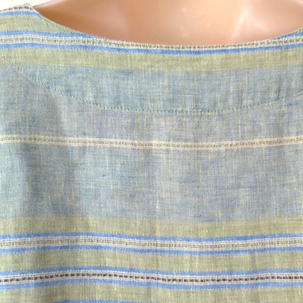 Flax Linen V Neck Striped Green Blue Dress L - Picture 6 of 14